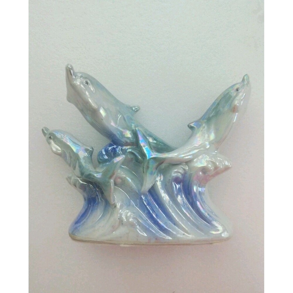 Dolphins Figurine Ceramic Iridescent Blue Decor Collectible Ocean Wave